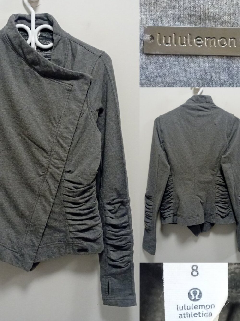 Lululemon Ruched Jacket Grey Stretch 8 Medium Double High Collar Snap Button